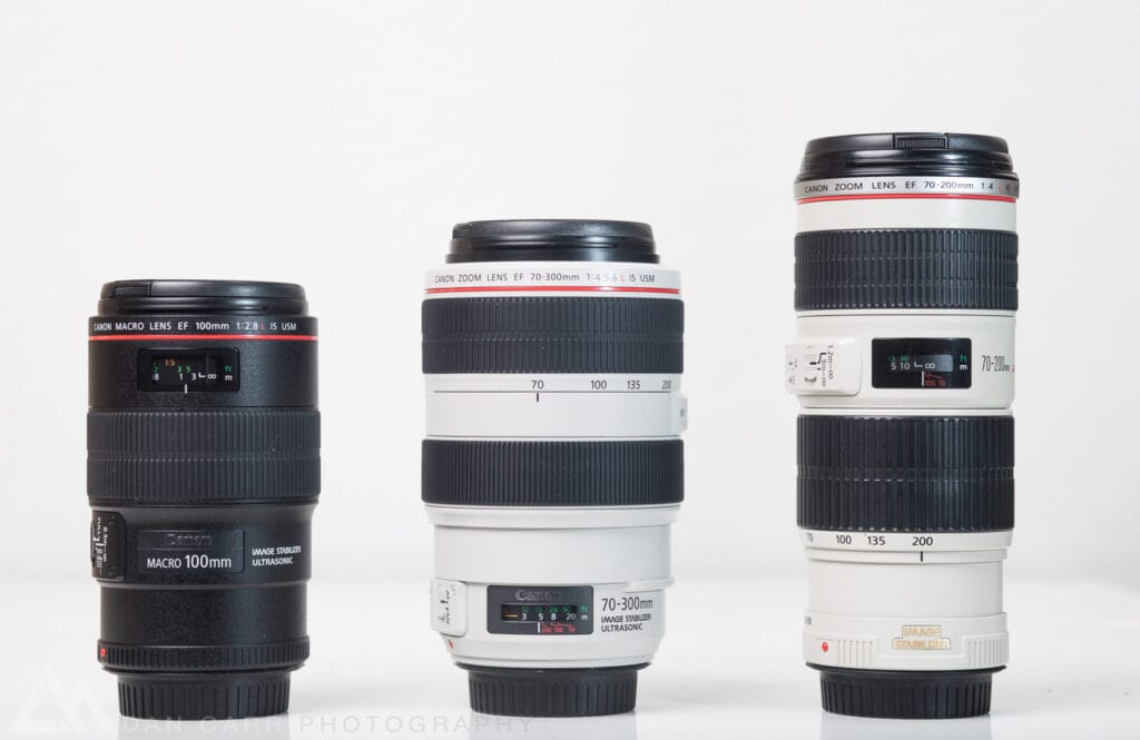 On the right is the 70-200 f/4 that we saw in the previous image. In the middle we've got the 70-300 f/4-5.6.