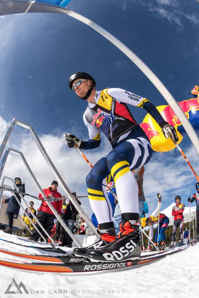 Evan Girard waits in the start gate during qualifying for Red Bull NordiX in Lake Louise, Canada on March 12, 2016.