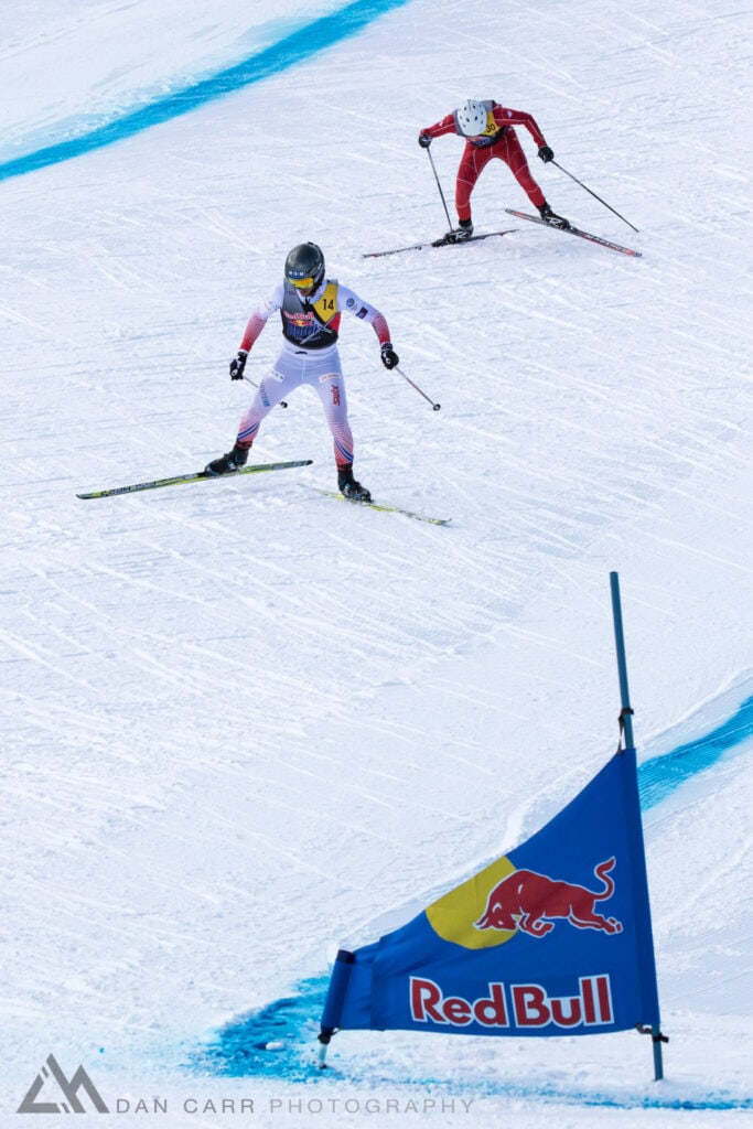 Dusan Kozisek and Matthew Polz race uphill at Red Bull NordiX in Lake Louise, Canada on March 13, 2016.