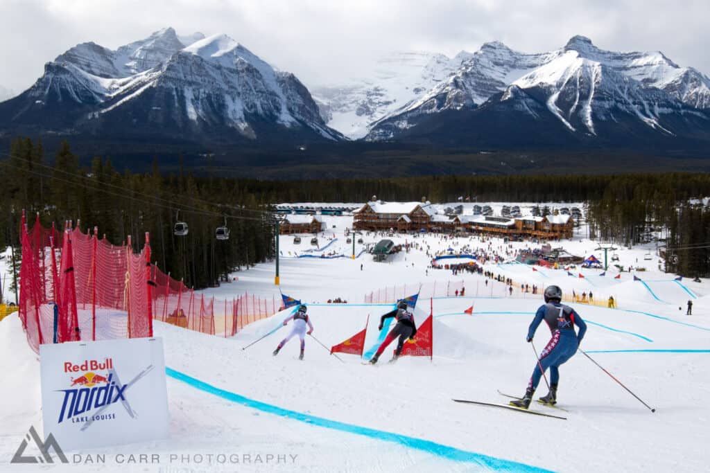 Dusan Kozisek, Benjamin Thompson, and Reese Hannemanat race at Red Bull NordiX in Lake Louise, Canada on March 13, 2016.