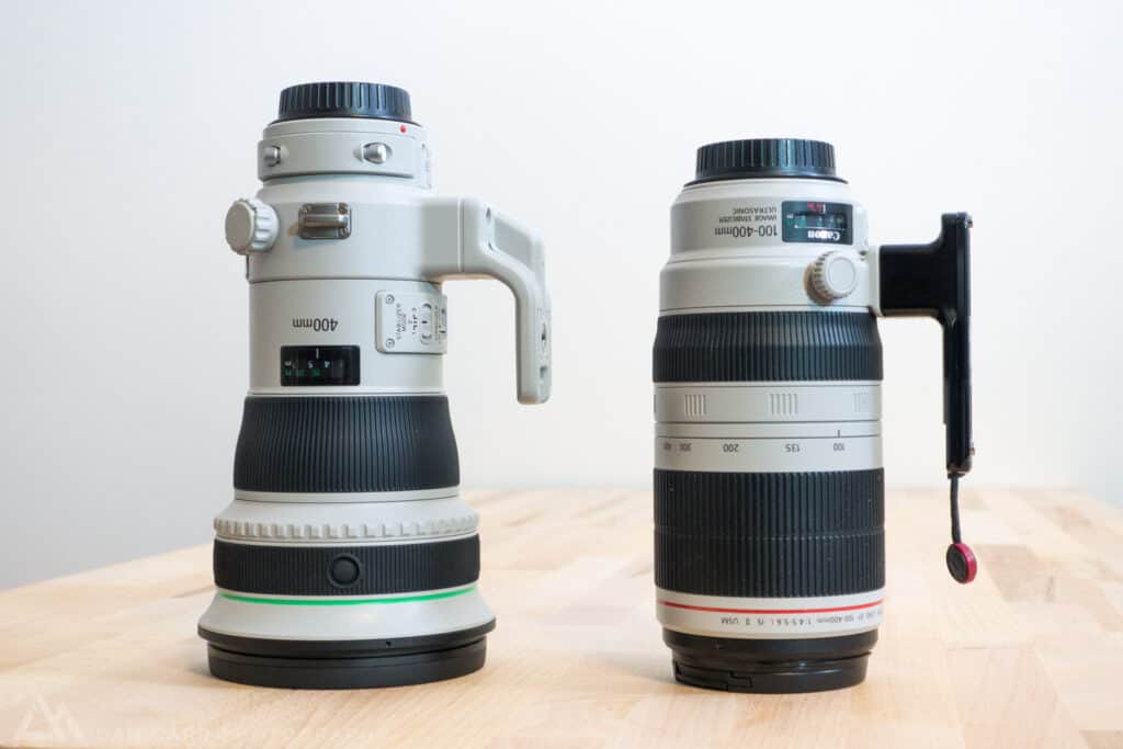 Canon 400mm f/4 DO IS II (left) - Canon 100-400 f/4.5-5.6 L IS II (right).