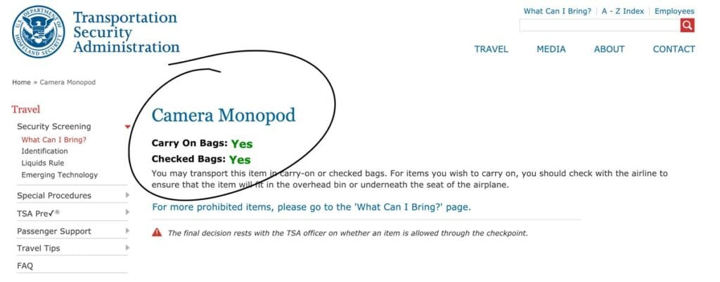 fly with monopod TSA